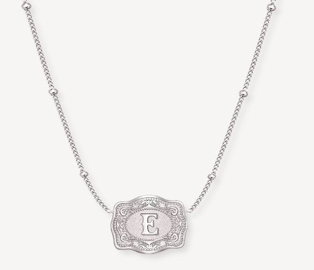 Spurwest Silver Ultra Mini Initial Belt Buckle Necklace - Letter E U-NK-SLV-BC-E