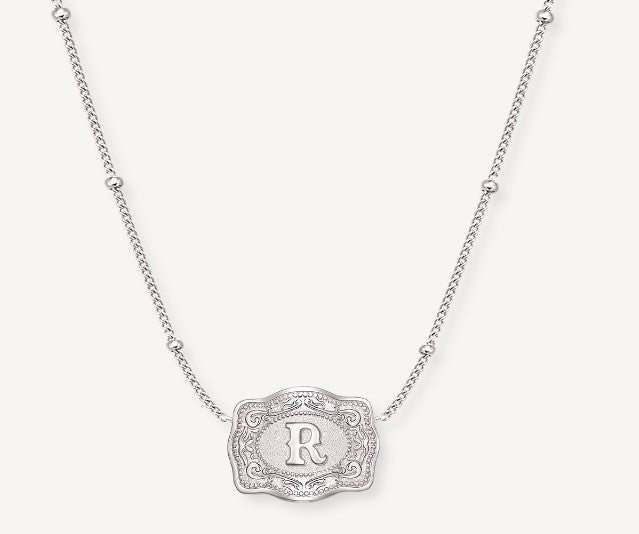 Spurwest Silver Ultra Mini Initial Belt Buckle Necklace - Letter R U-NK-SLV-BC-R