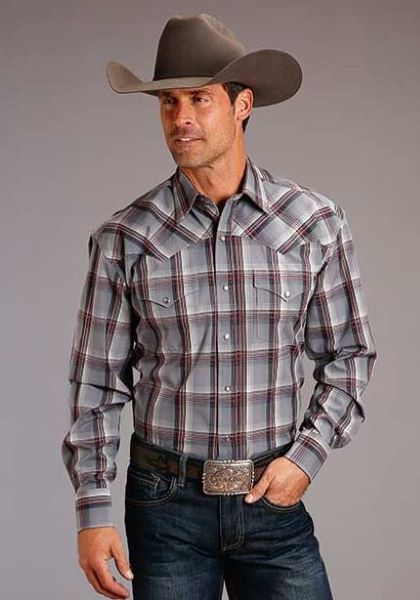 Stetson Ash Ombre Grey Plaid Men's Longsleeve Snap Shirt 1100104786005GY