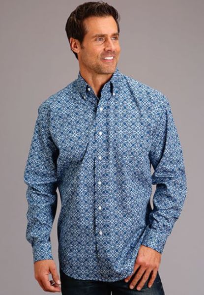 Stetson Blue Baroque Pattern Men's Longsleeve Button Front Shirt 1100105266065BU