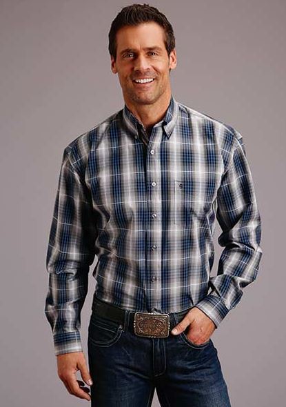 Stetson Blue Checked Ombre Plaid Men's Collared Longsleeve Button Front Shirt 1100105791026BU