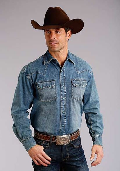 Stetson Blue Denim Men's Collared Longsleeve Snap Shirt with Turquoise Hexagon Snaps 1100104650031BU