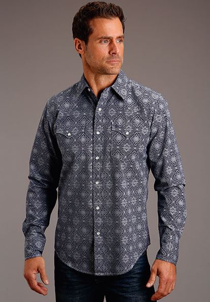 Stetson Blue Medallion Print Men's Collared Longsleeve Snap Shirt 1100104250377