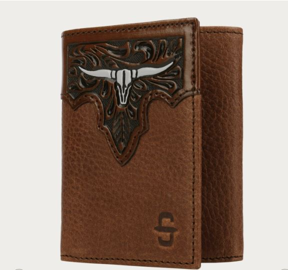 Stetson Brown Steer Head Men's Trifold Pebble Grain Leather Wallet 9805001-200