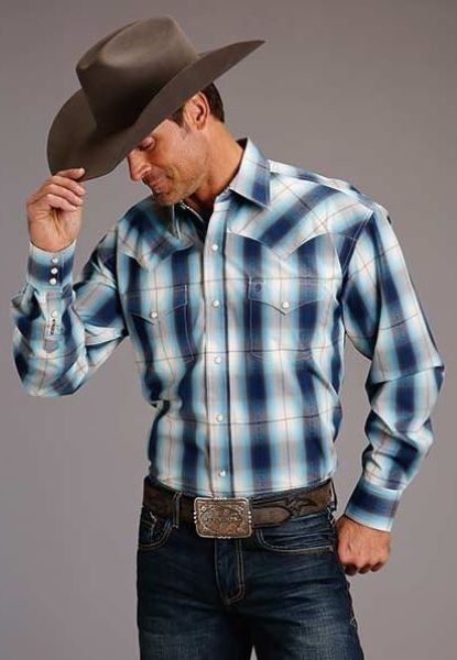 Stetson Deep Blue Dobby Plaid Men's Longsleeve Snap Shirt 1100104786003BU