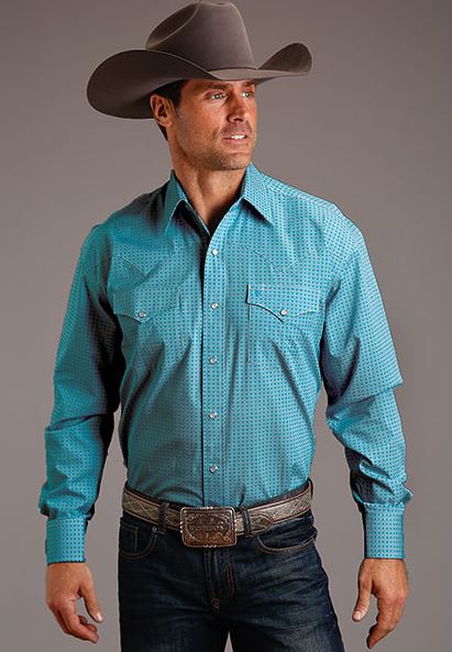 Stetson Green/Blue Dicey Geo Print Men's Collared Longsleeve Snap Shirt 1100204250374