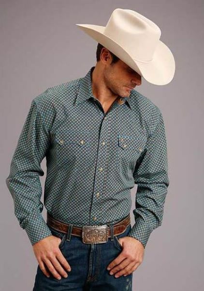 Stetson Green Multi Geo Print with Rings Mens Longsleeve Snap Shirt 1100104257005GR