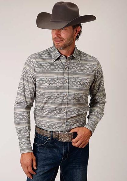 Stetson Grey and Tan Aztec Print Mens Longsleeve Snap Western Shirt 1100104250253TA