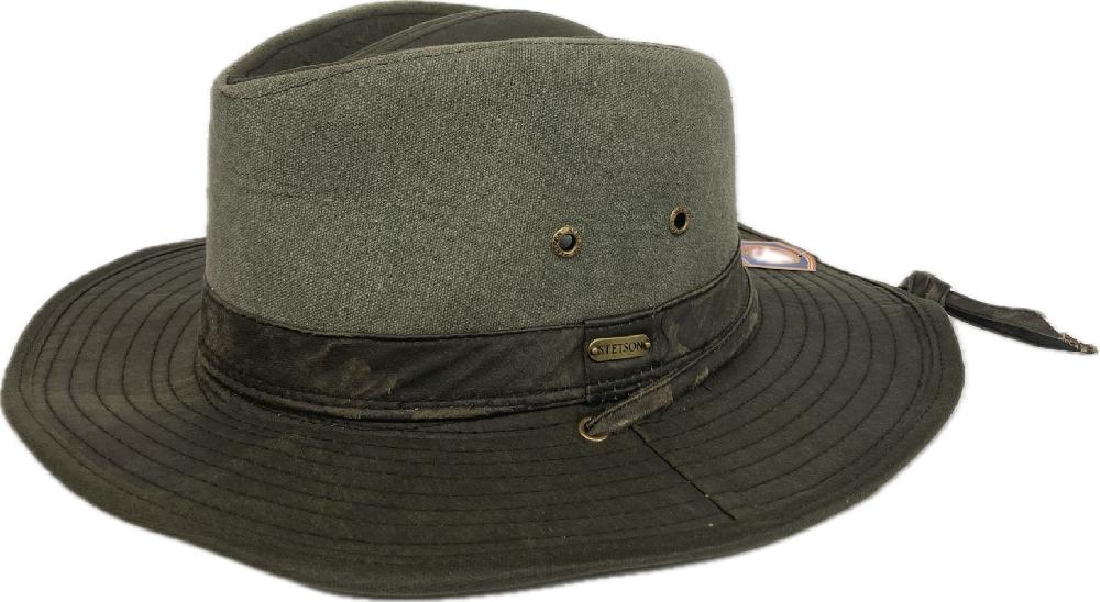 Stetson Grey Skyebar Tarp Cloth Outback Hat with Camo Band anad Shapeable 3 inch Brim STW318