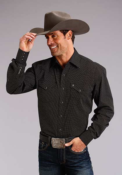 Stetson Mens Long Sleeve Sleeve Snap Black Print Shirt