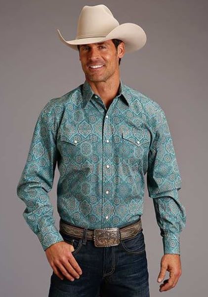 Stetson Teal Victorian Paisley Mens Western Snap Shirt 1100104256020BU