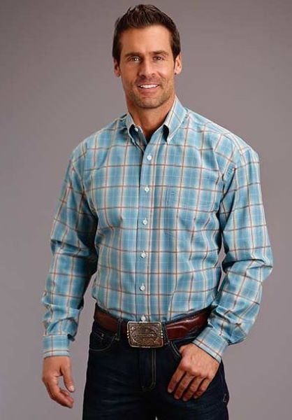 Stetson Turquoise Ombre Plaid Mens Longsleeve Shirt 1100105790770GR