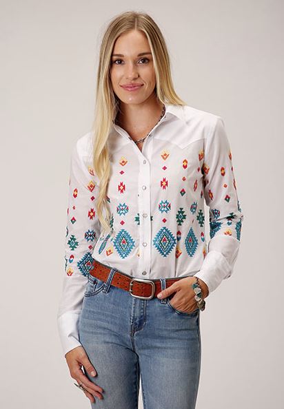 Stetson White with Embroidery Women's Collared Bright Schiffli Long Sleeve Snap Front Blouse 1105005650530WH