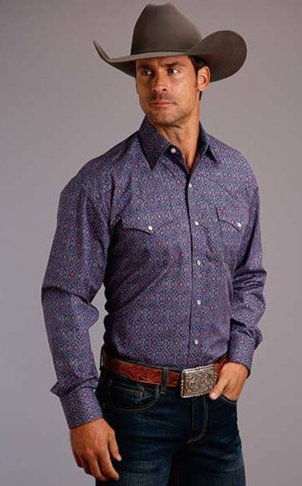 Stetston Blue with Red Medallion Print Mens Long Sleeve Snap Western Shirt 1100104250568BU