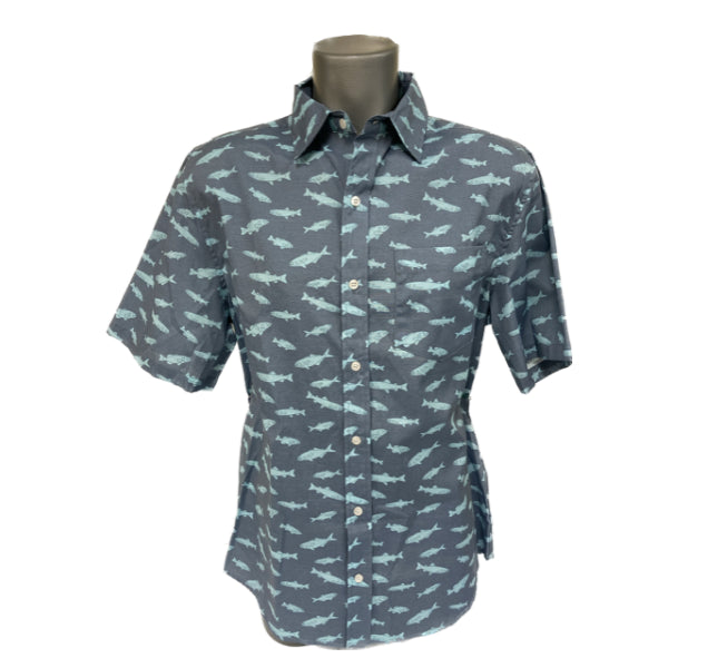 Stillwater Supply Blue Fish Print Classic Fit Men's Poplin Short Sleeve Button Down Shirt P1924-010-CS-BL