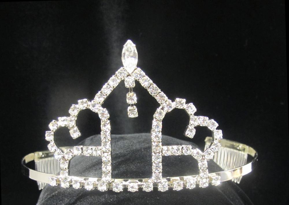 T-23 PAGODA TIARA WITH HEARTS AND DANGLE RHINESTONES