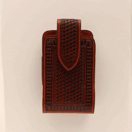 Tan Basketweave Hand Tooled Leather Cell Phone Holder with Magnetic Closure and Metal Swivel Clip DPH051