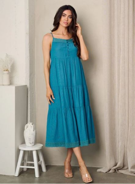 Teal Women's Sleeveless Eyelet Detailed Tiered Midi Dress YD1312C-TEAL