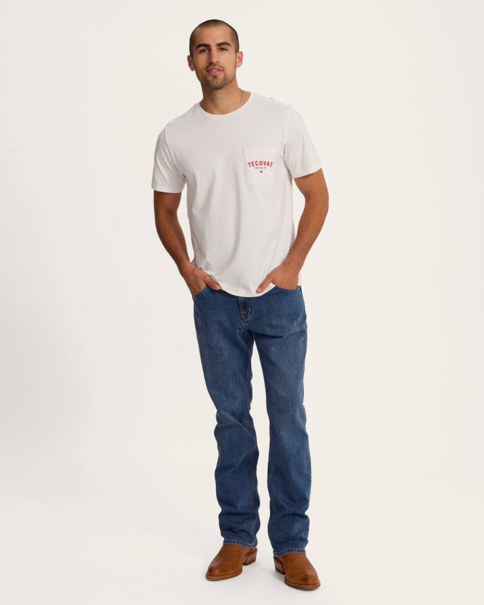 Tecovas Bone/Red Fine Makers Men's Short Sleeve Logo Pocket Tee FINEMAKERS-WHT