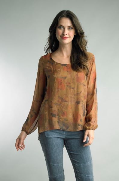 Tempo Paris Cognac Floral Silk Women's Longsleeve Top 6511P-C