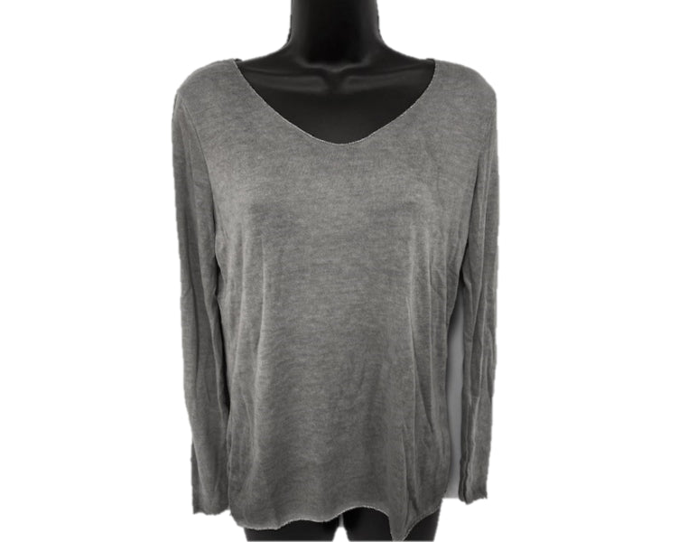 Tempo Paris Grey Dip Dyed Women's Scoop Neck Longsleeve V-Neck Top 8418N