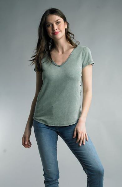 Tempo Paris Olive V Neck Women's Eyelet Back Short Sleeve Tee 2113N-OLV