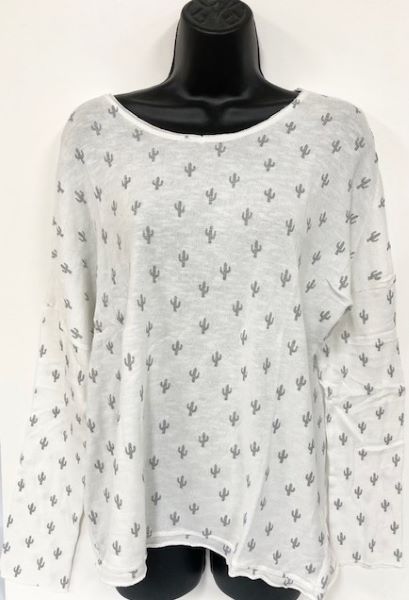 Tempo Paris White with Cactus Print Women's Longsleeve Shirt 3112N-W
