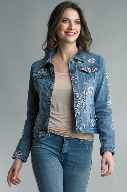 Tempo Paris Women's Blue Embroidered Eyelet Denim Jacket with Floral patterns 353F-D