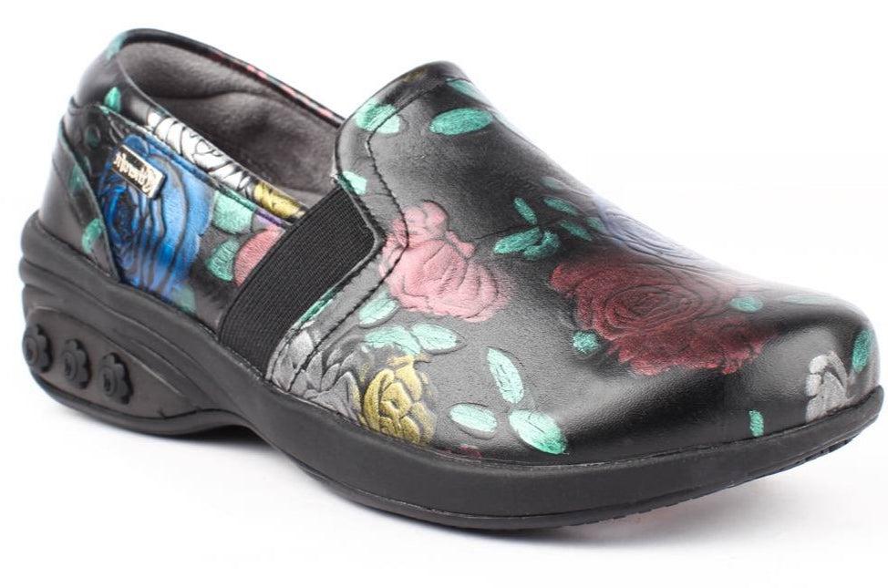 Therafit Black Floral Annie Limited Edition Women's Slip Resistant Leather Slip On Shoes HC60922L