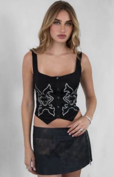 TicToc Black Jessie Button Front Look Corset Tank with Embroidery JESSIE-BLK