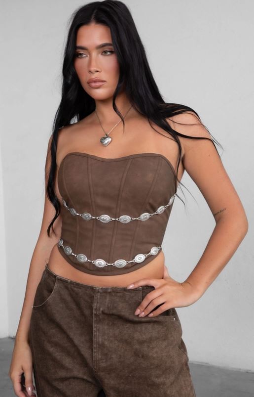 TicToc Brown Glendora Western Distressed PU Leather Strapless Corset Top TA30530