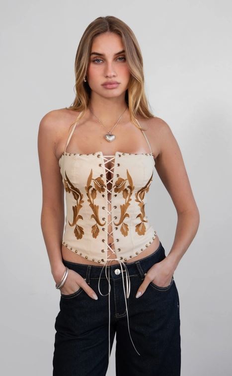TicToc Khaki Clementine Stretch Embroidered Western Bustier Corset Top TA31103