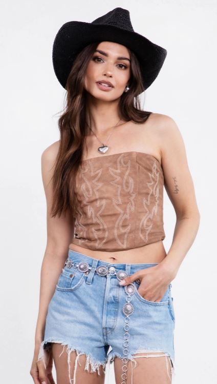 TicToc Light Brown Beckee Vegan Leather Embroidered Western Corset Top TA29069