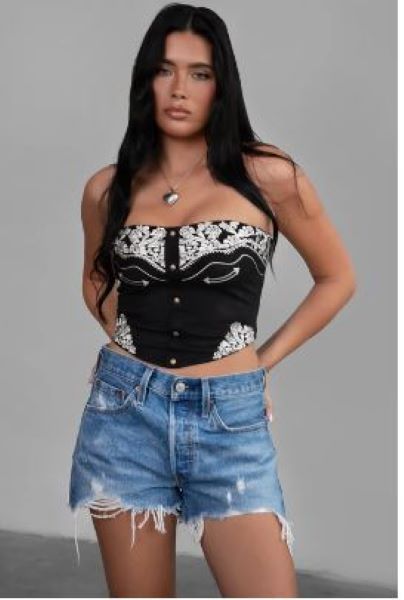 TicToc Montana Black Western Embroidered Suede Bustier Top MONTANA-BLK
