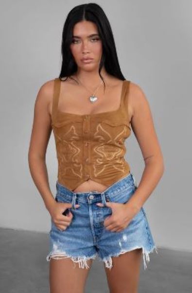 TicToc Tan Jessie Button Front Look Corset Tank Top with Embroidery JESSIE-TAN