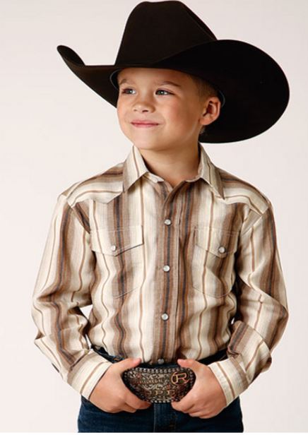 Tin Haul Brown Stripe Boys Collared Longsleeve Classic Fit Snap Shirt 103000440668BR