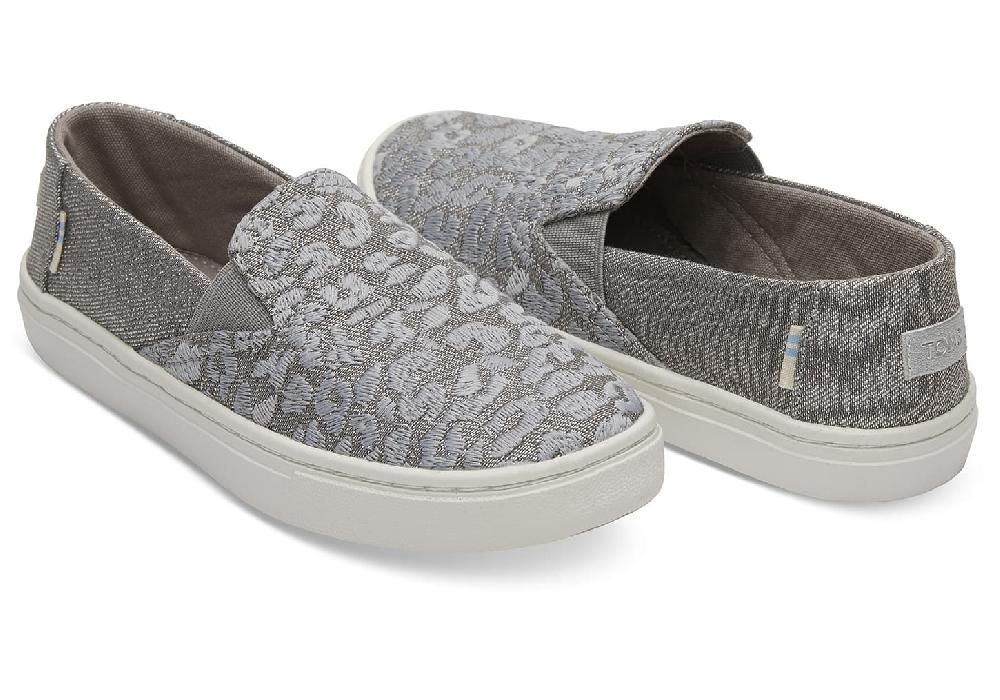 Toms Neutral Grey Cheetah Embroidery Twill Glimmer Youth Luca Slip On Shoes 10012663