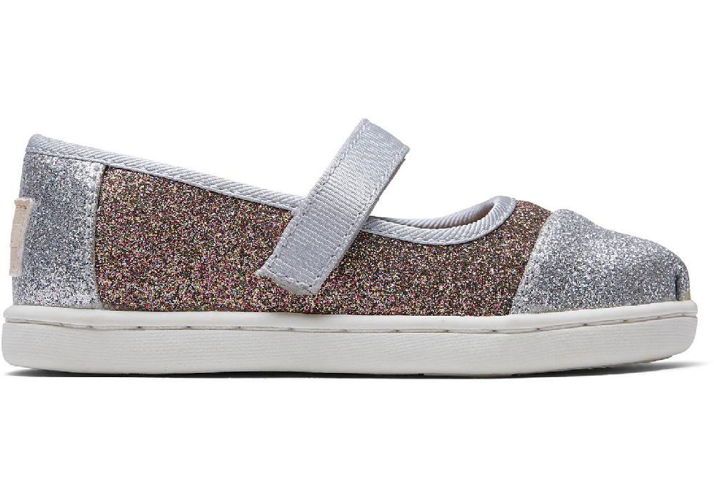 Toms Silver Gold Iridescent Glimmer Tiny Mary Jane Flats 10014253