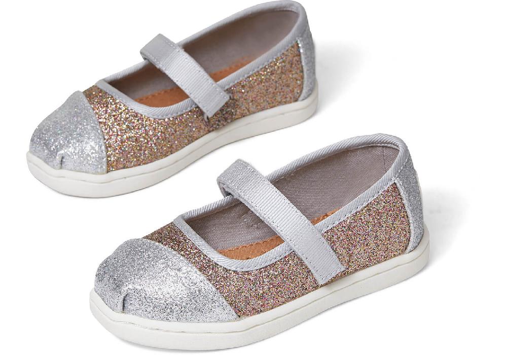 Toms Silver Gold Iridescent Glimmer Tiny Mary Jane Flats 10014253