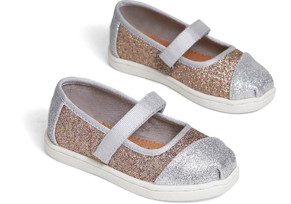 Toms Silver Gold Iridescent Glimmer Tiny Mary Jane Flats 10014253