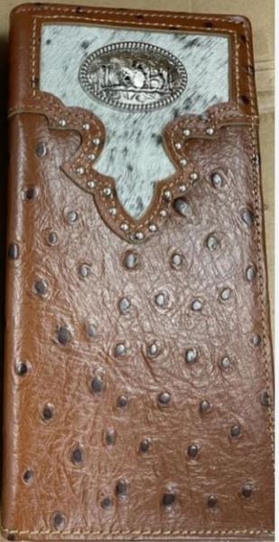 Top Notch Ostrich Print Praying Cowboy Concho Rodeo Wallet with Cowhair 120BR