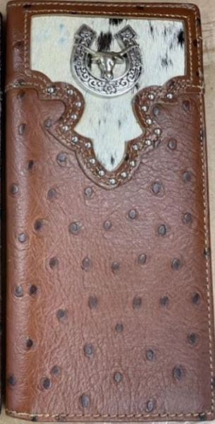 Top Notch Wallets Brown Full Quill Ostrich Print with Horseshoe and Longhorn Concho Wallet 118BR
