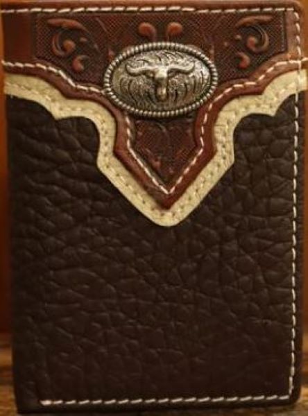 Top Notch Wallets Coffee Pebbled Leather with Longhorn Concho Tri-Fold Wallet HF107CF