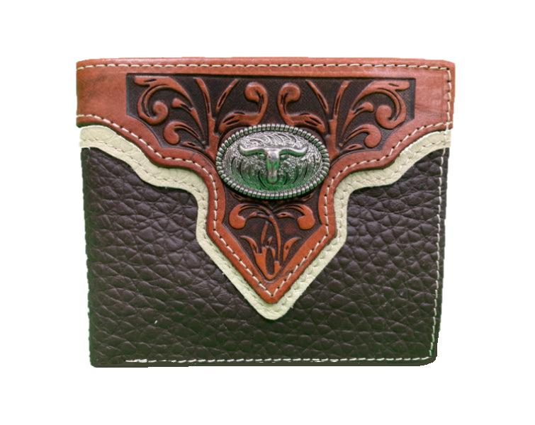 Top Notch Wallets Coffee Pebbled Leather with Longhorn Concho Bi-Fold HF113CF