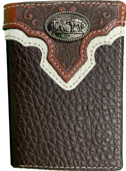 Top Notch Wallets Coffee Pebbled Leather with Praying Cowboy Concho Tri-Fold Wallet HF108CF