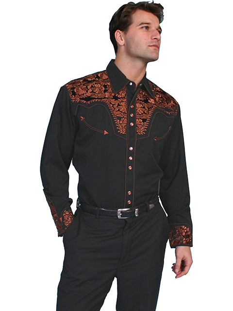 Traditional Gunfighter Floral Design Long Sleeve Western Mens Shirts