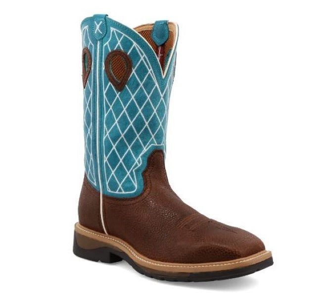 Twisted X Brown/Blue Wide Square Toe Men's Western Work Boots (No safety toe) MLCW021