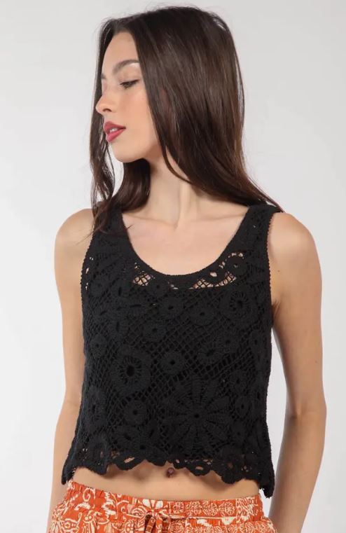 Very J Black Floral Crochet Fitted Crop Tank Top NT11464