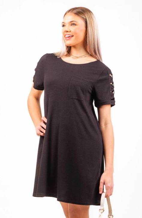 Very J Black Ruched Cutout Sleeve Women's Tee Dress ND30836