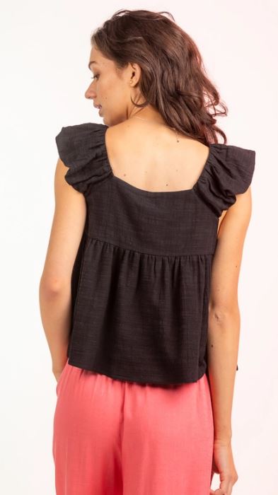 Very J Black Ruffled Shoulder Linen Babydoll Top NT11114